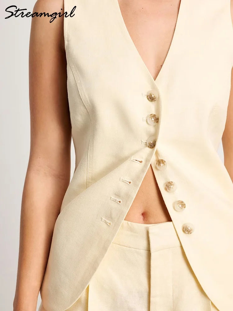 Linen Vest & Shorts Set – Elegant Office Two Piece Outfit