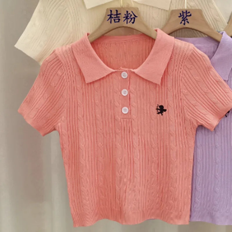 Embroidered Polo T-shirt — Retro Slim Fit Knit Top