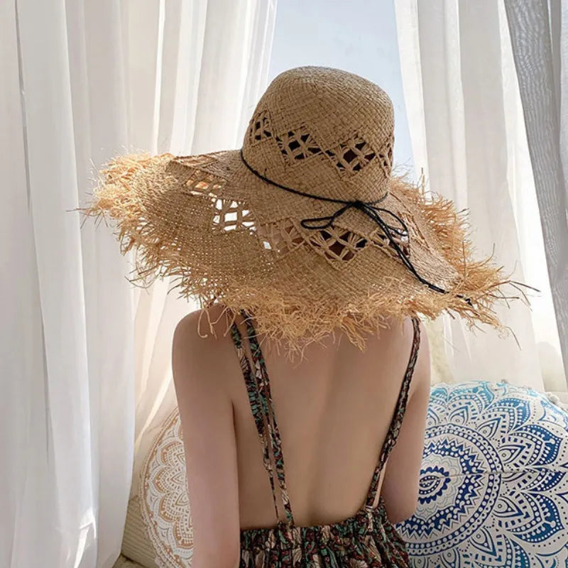 Natural Raffia Wide Brim Hat | Handwoven Straw – Travel & Beach Sun Protection