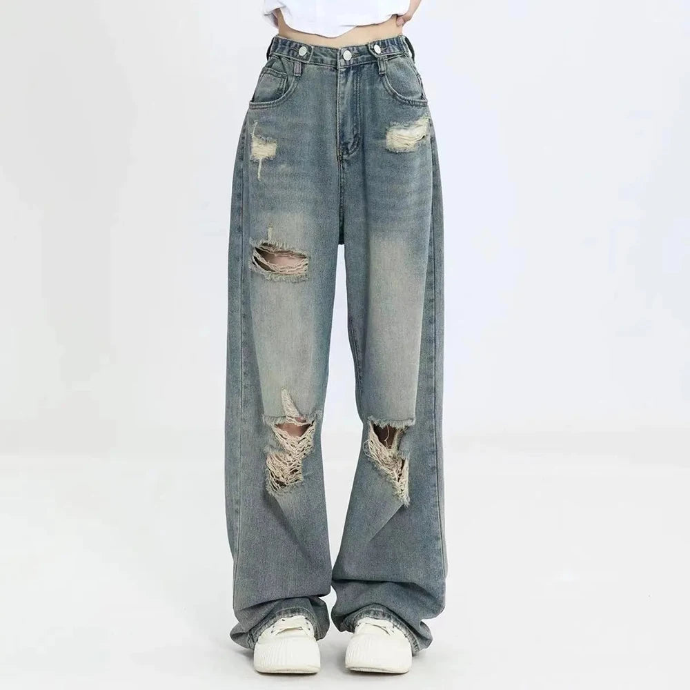 Retro Hole Jeans — Wide-Leg High Street Fit