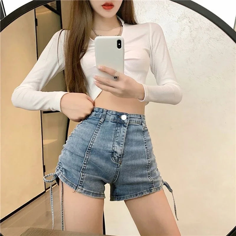 Strappy Harajuku Denim Shorts — Stretchy Outdoor Style (XL)