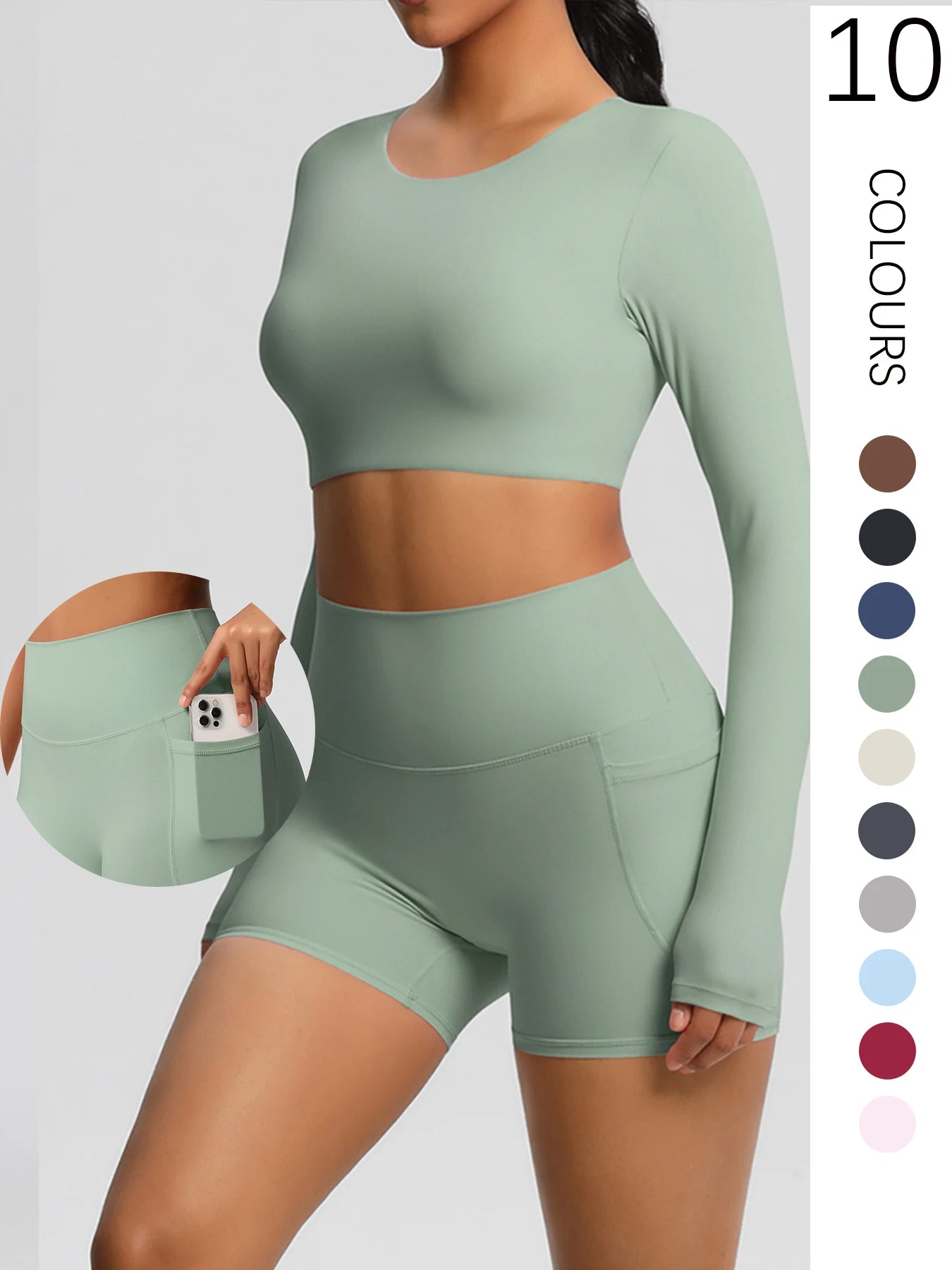 2-Piece Activewear Set — Long Sleeve Crop Top & High-Waist Yoga Shorts
