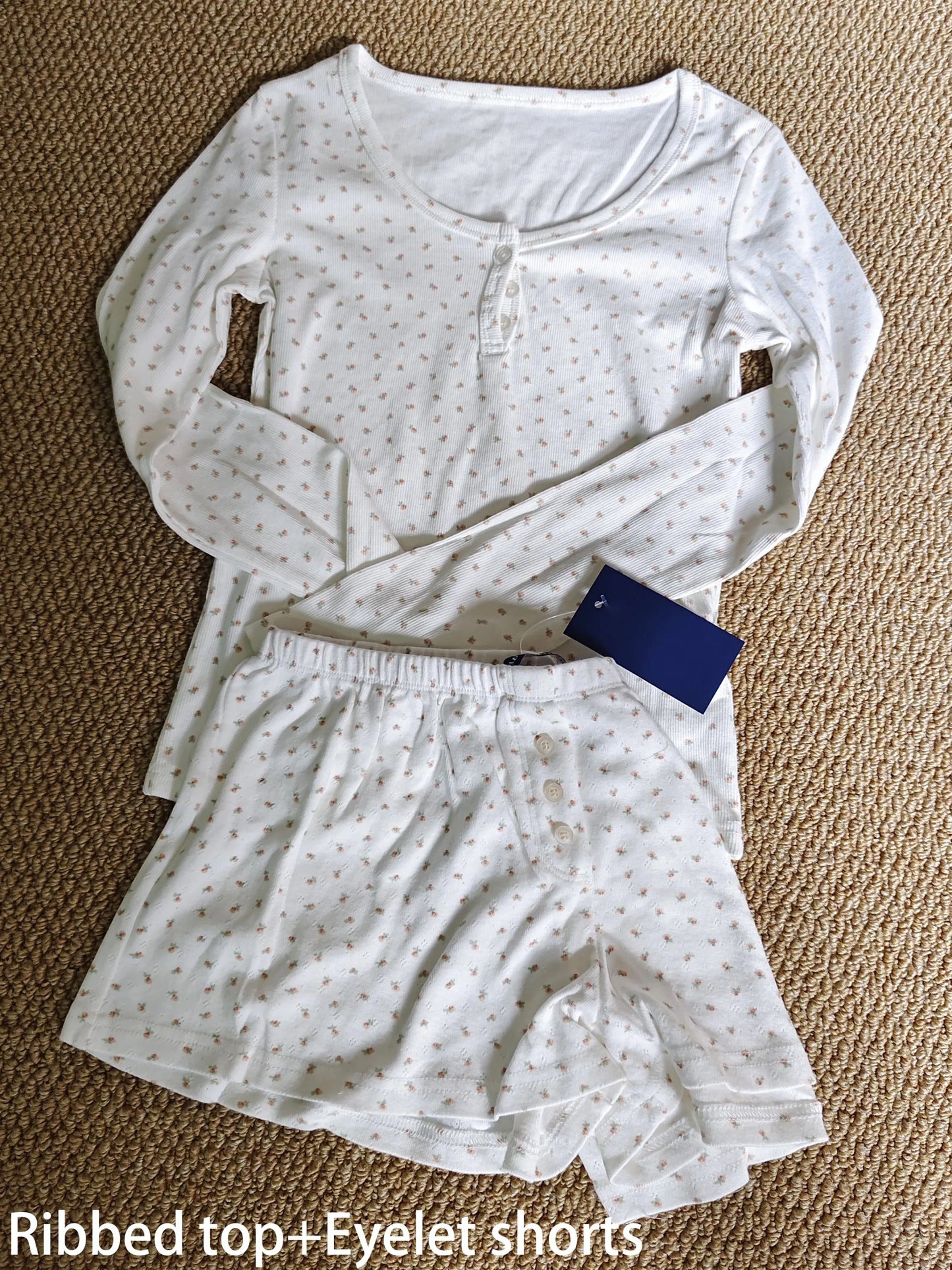 Eyelet Button Long Sleeve T-shirt & Shorts Set – Cotton Pajama