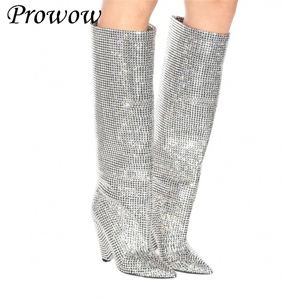 CrystalKnee | Large Size Pointed Rhinestone Knee High Boots