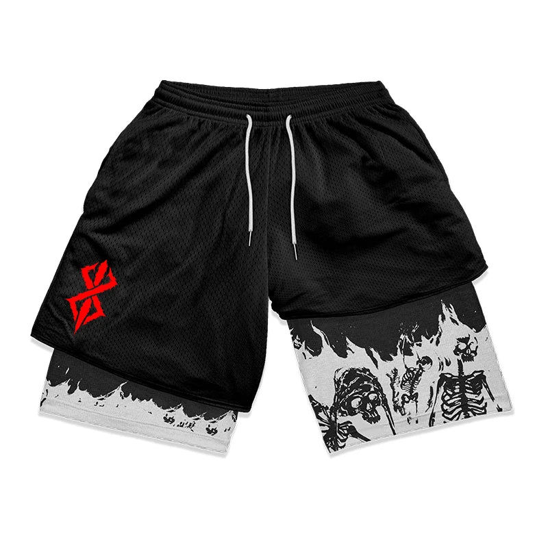 Berserk Skull Print 2-in-1 Running Shorts – Stretch, Quick Dry with Pockets