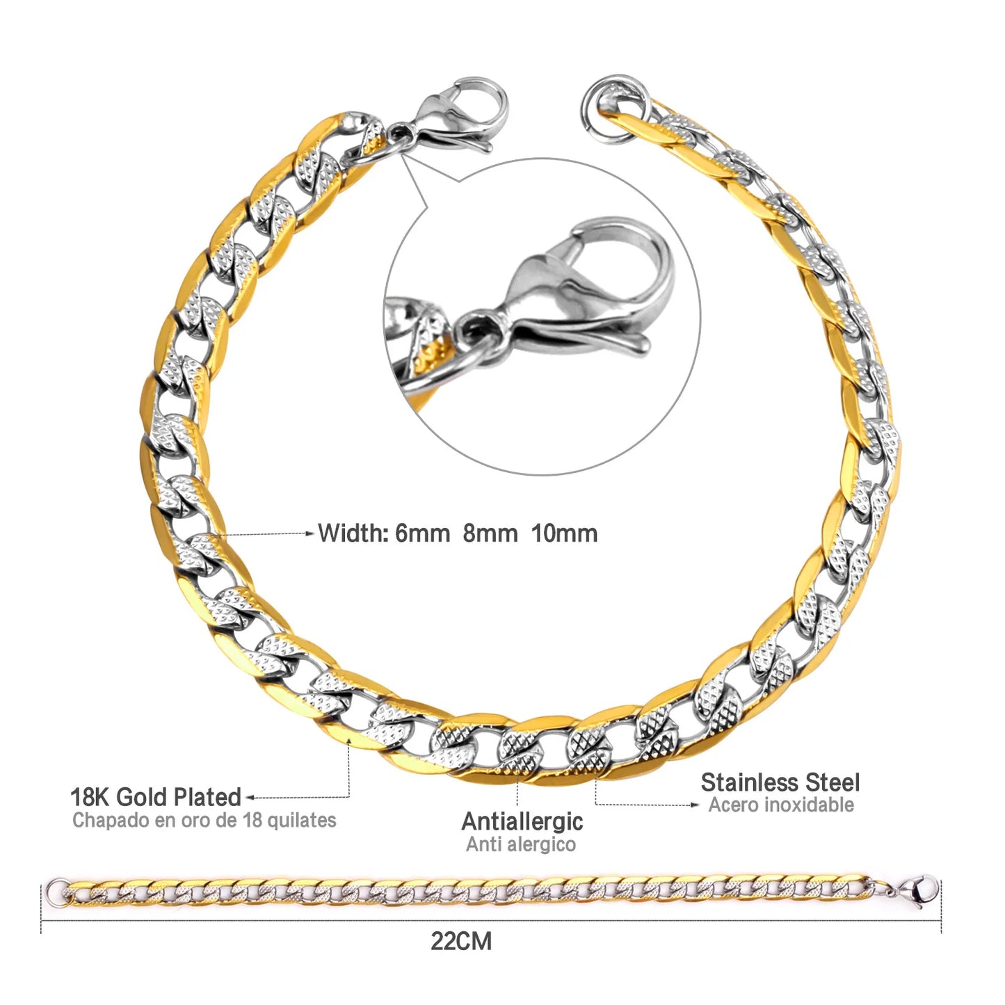 Cuban Chain Bracelet – Stainless Steel, Gold-Tone, Punk Style Jewelry for Men & Women