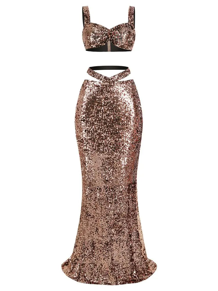Brown Glitter Maxi Skirt Set