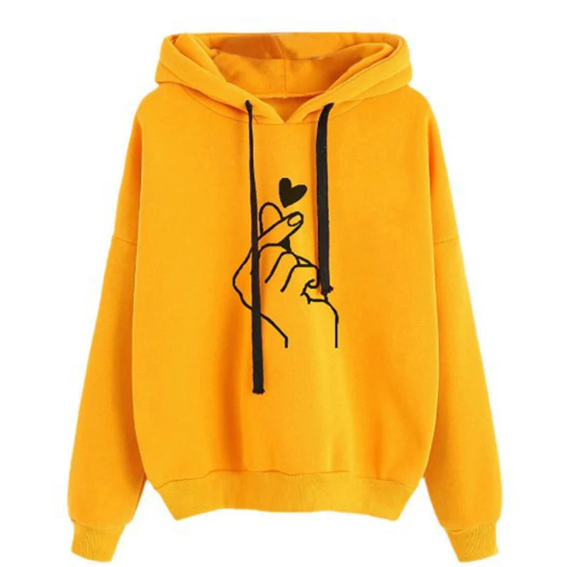 Solid Fleece Hoodie — Korean Finger Heart Print, Drawstring Pockets