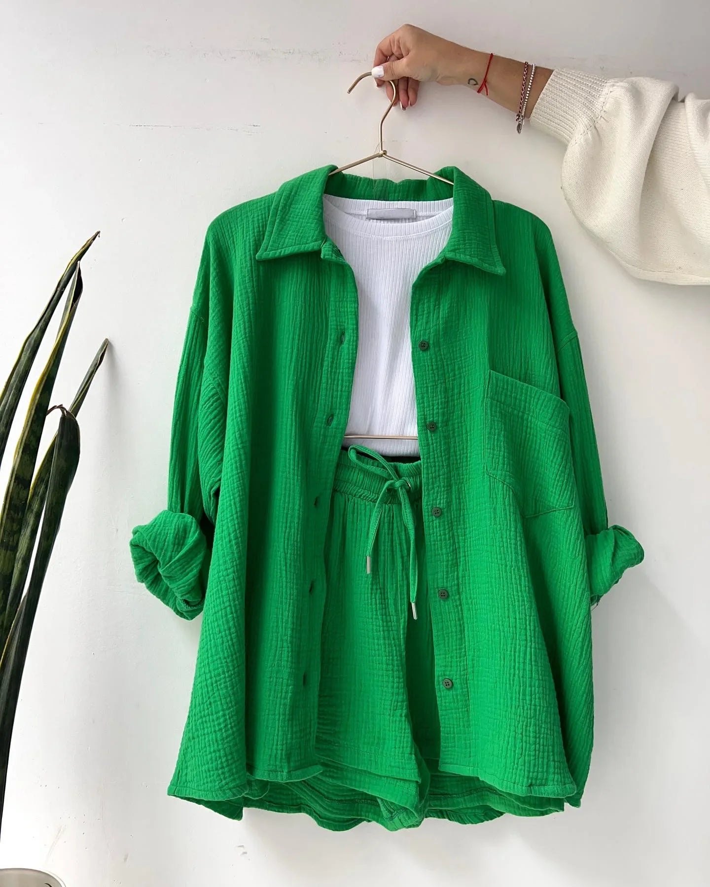 Long Sleeve Button Casual Pleated Two Piece Set – Fashion Solid Color