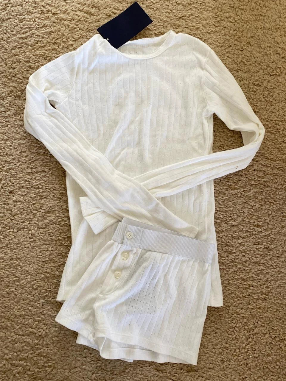 Eyelet Button Long Sleeve T-shirt & Shorts Set – Cotton Pajama