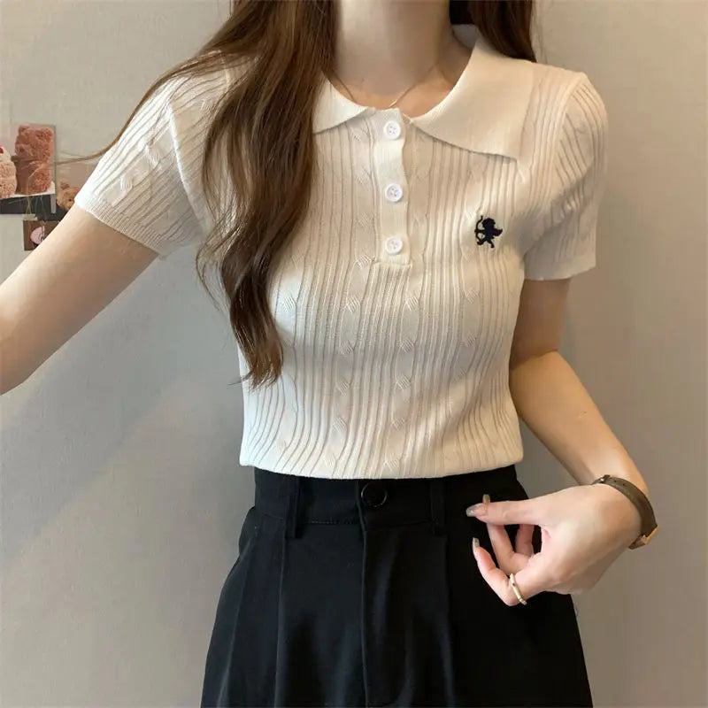 Embroidered Polo T-shirt — Retro Slim Fit Knit Top