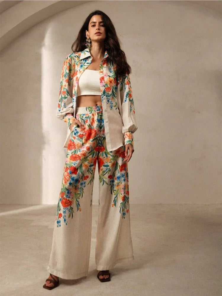 Printed Resort Set – Long Sleeve Shirt & Wide Pants