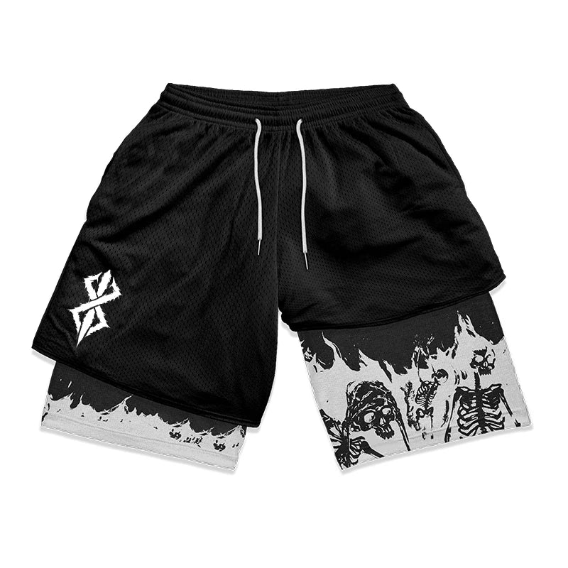 Berserk Skull Print 2-in-1 Running Shorts – Stretch, Quick Dry with Pockets