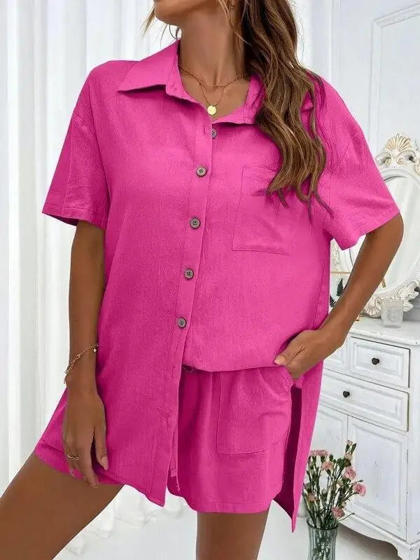 Linen Ease Set – Short-Sleeve Shirt & Elastic Shorts
