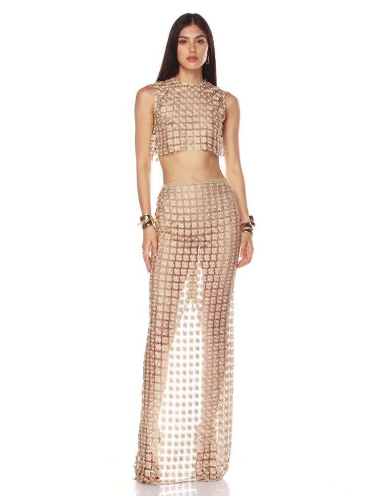 Champagne Hollow Crop Top & Skirt