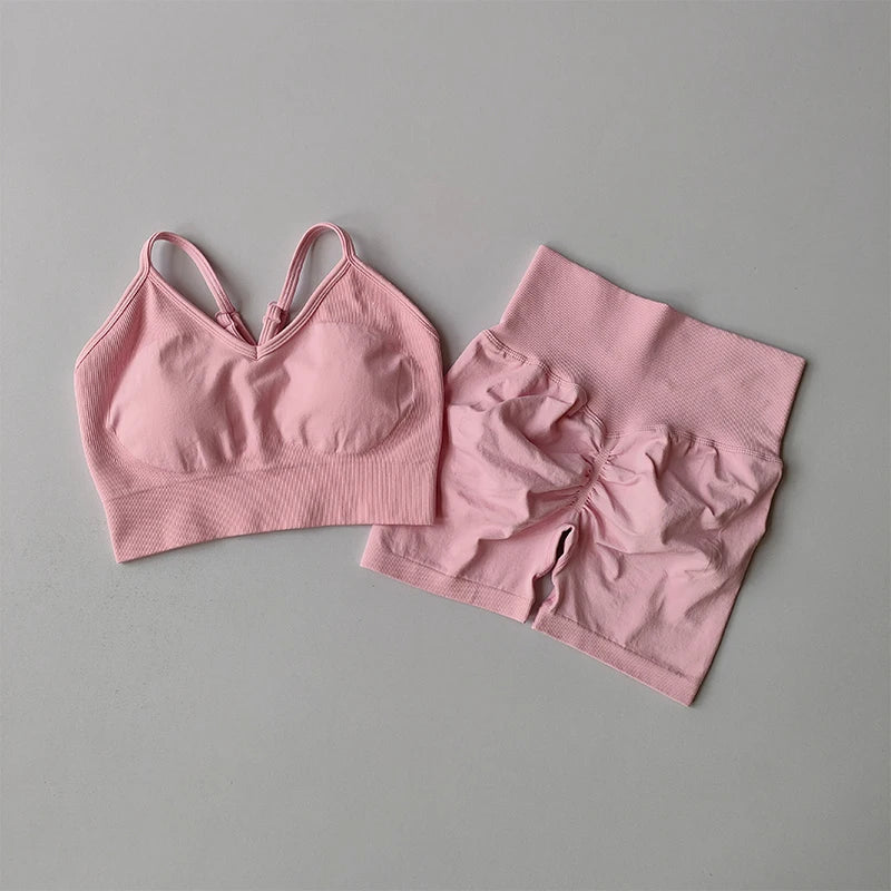 High-Waist Yoga Set — Strappy Back Bra & Sculpting Shorts 3-Piece Activewear