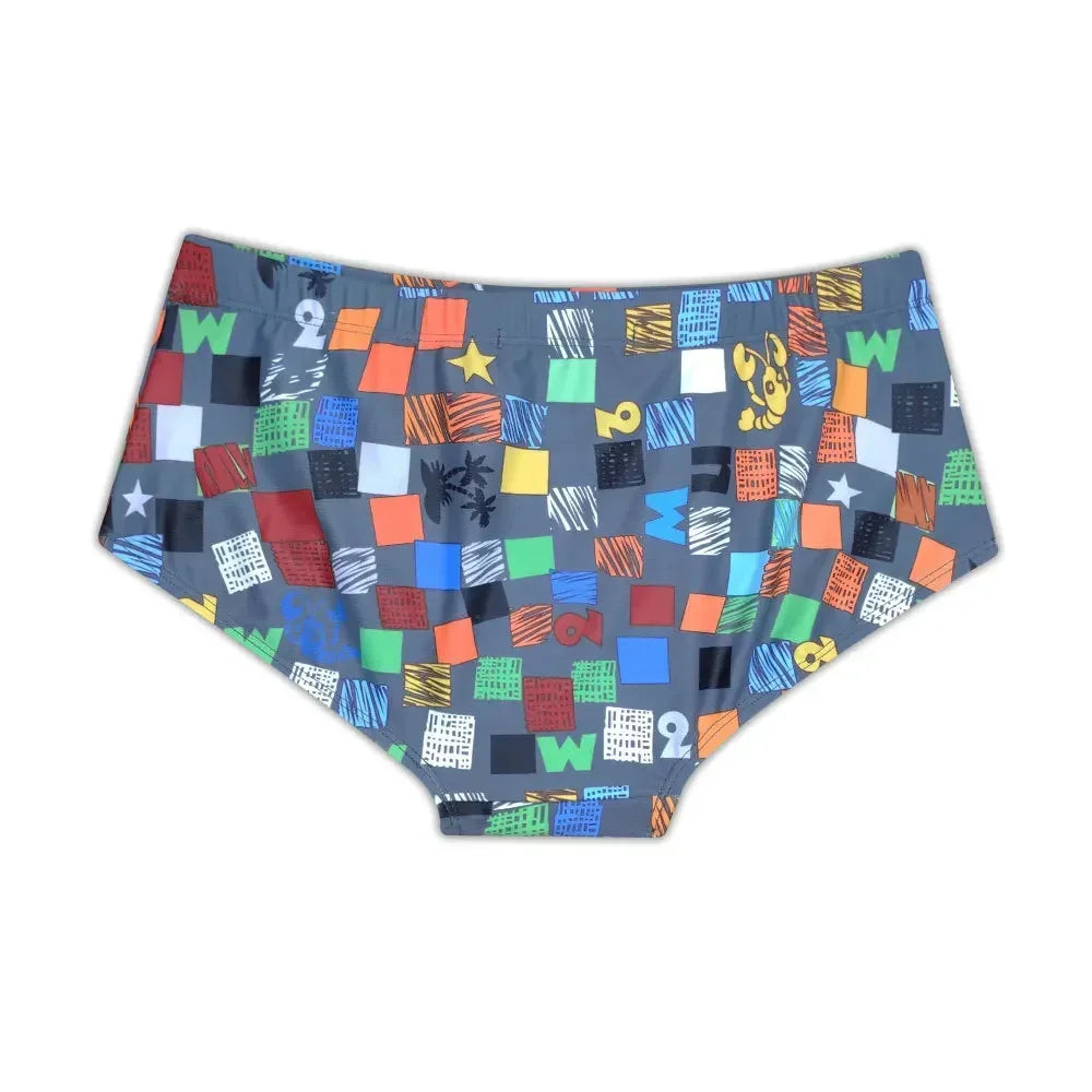 Square Graffiti Print Swim Boxer Briefs — Brazilian Cut