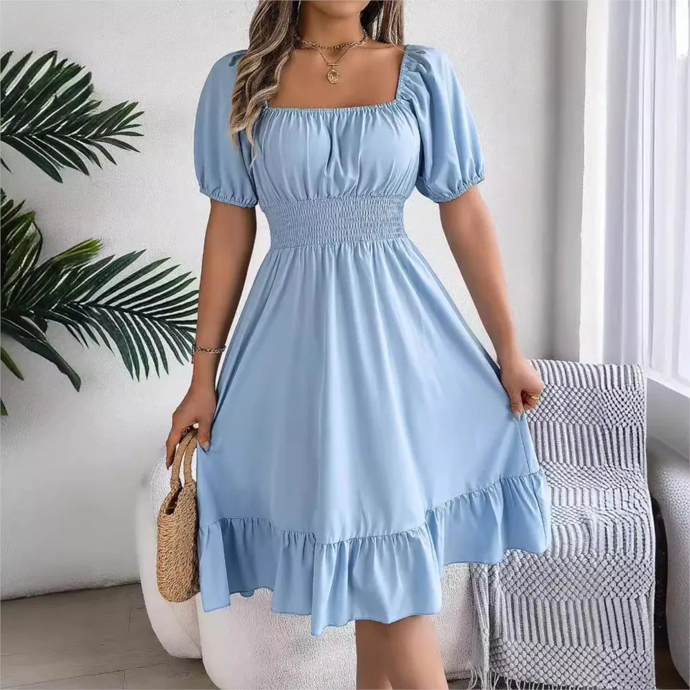 Casual Midi Dress — Square Neck, Short Sleeve, Waist Ruffle Edge