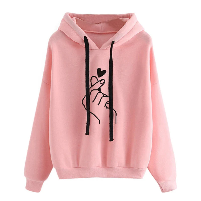 Solid Fleece Hoodie — Korean Finger Heart Print, Drawstring Pockets