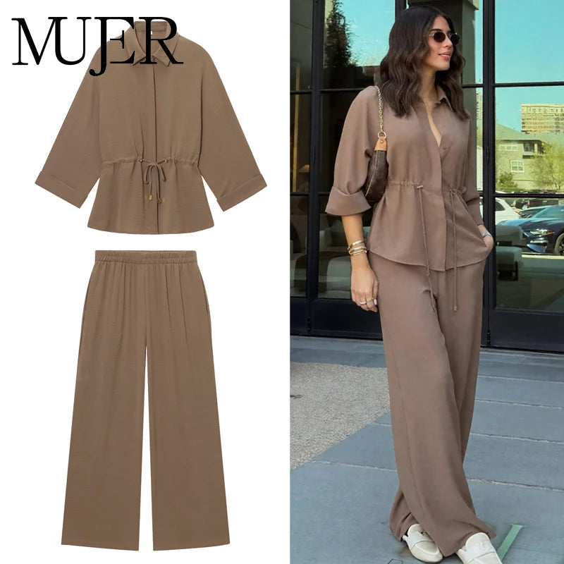 High Waist Baggy Pants & Long Sleeve Shirt Set – Summer Casual Two Piece