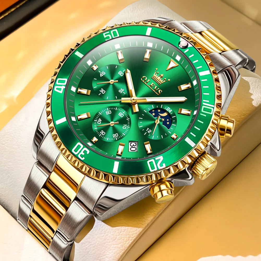Golden Moon Phase Watch – Luxury Quartz, Waterproof, Elegant Chronograph