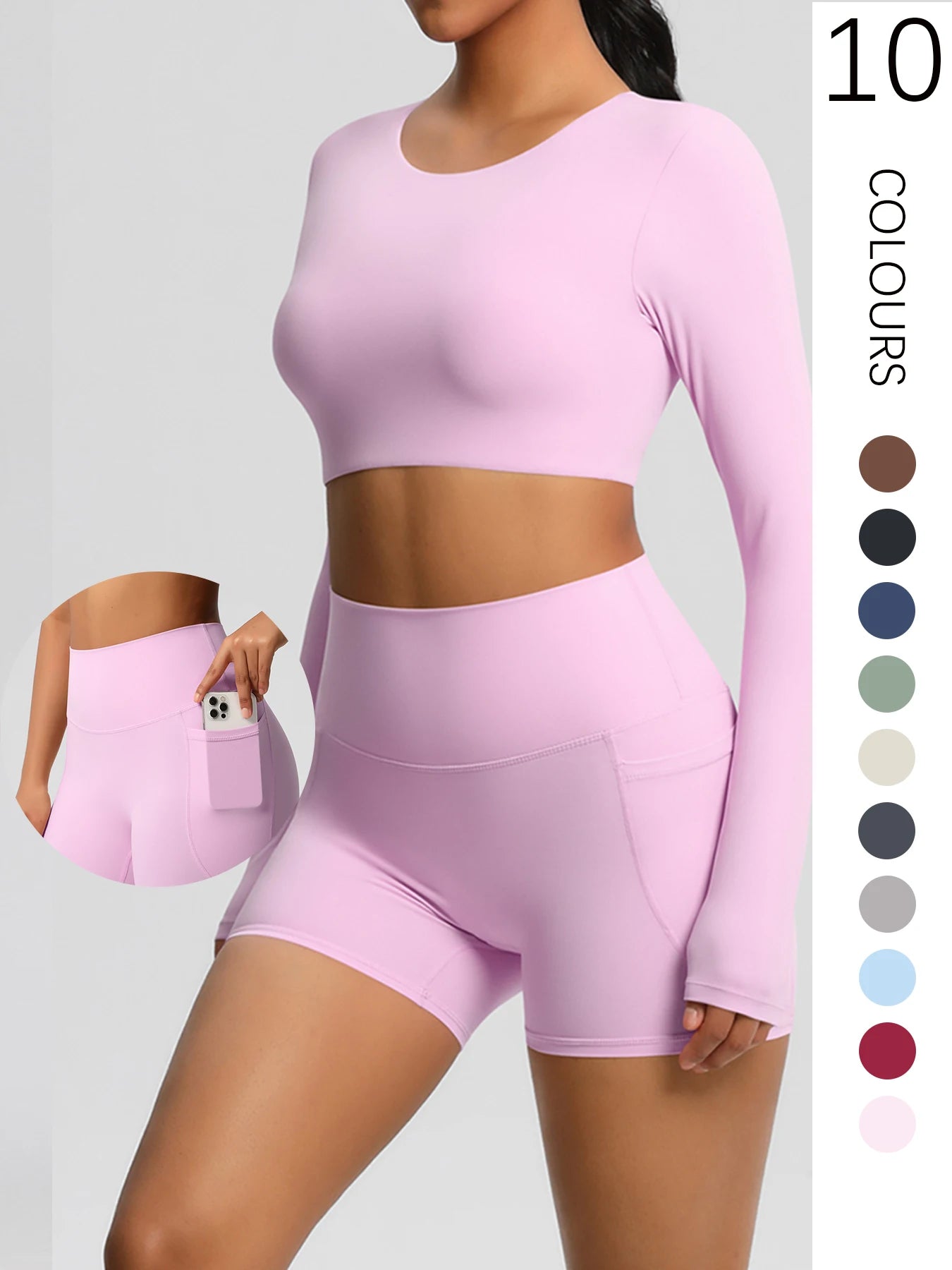 2-Piece Activewear Set — Long Sleeve Crop Top & High-Waist Yoga Shorts