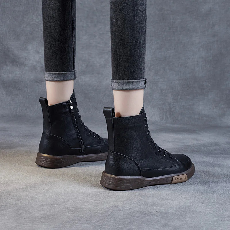 Drkanol | Genuine Leather Round Toe Short Boots – Retro Street Style