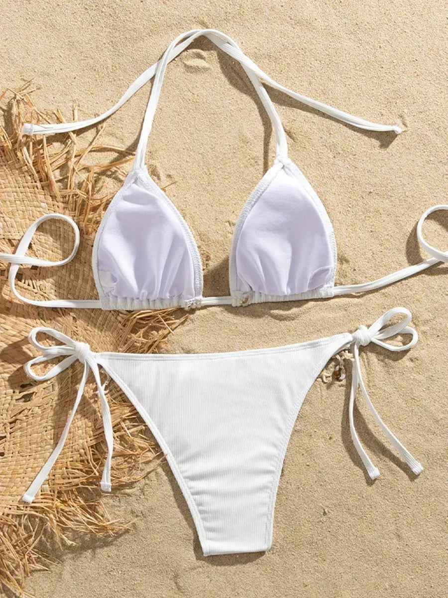 Halter Bikini with Shell Detail – Ribbed Texture
