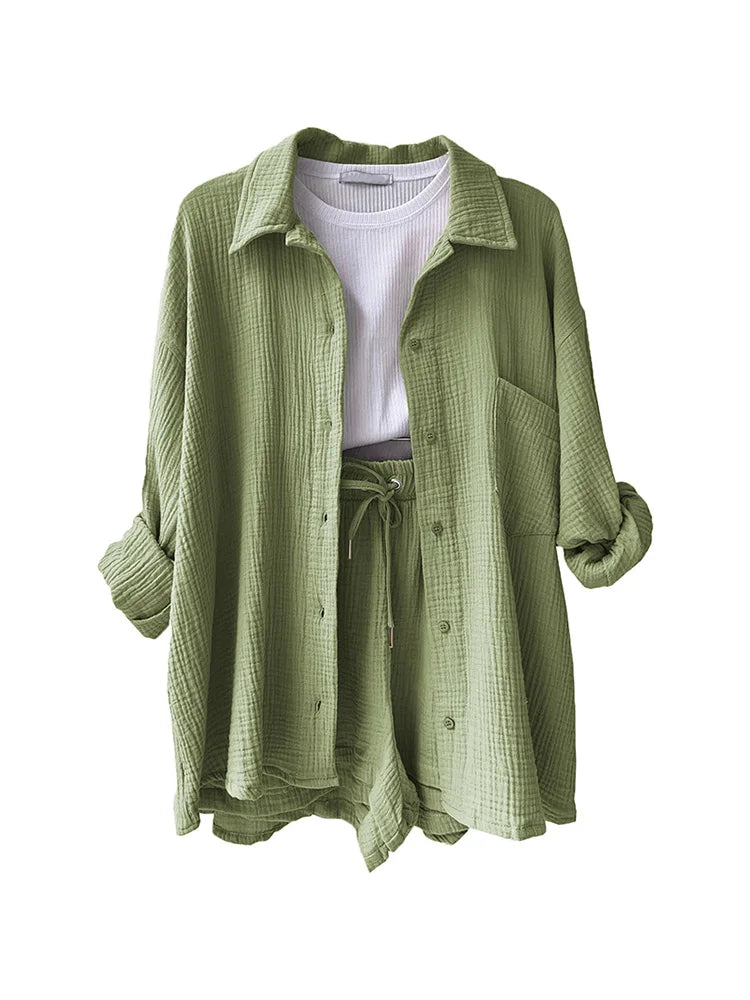 Button Muslin Shirt & Shorts Co-ord