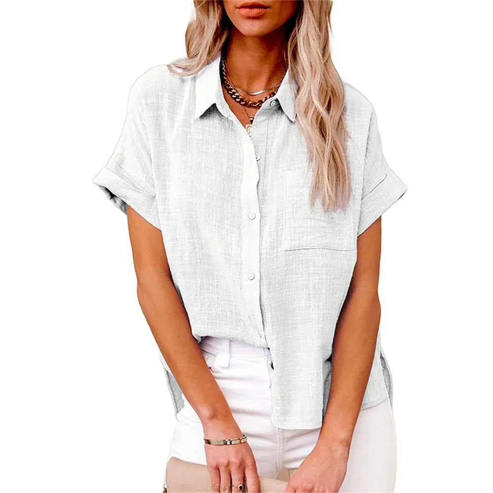 Classic V-Neck Blouse — Short Sleeve, Loose Fit, White