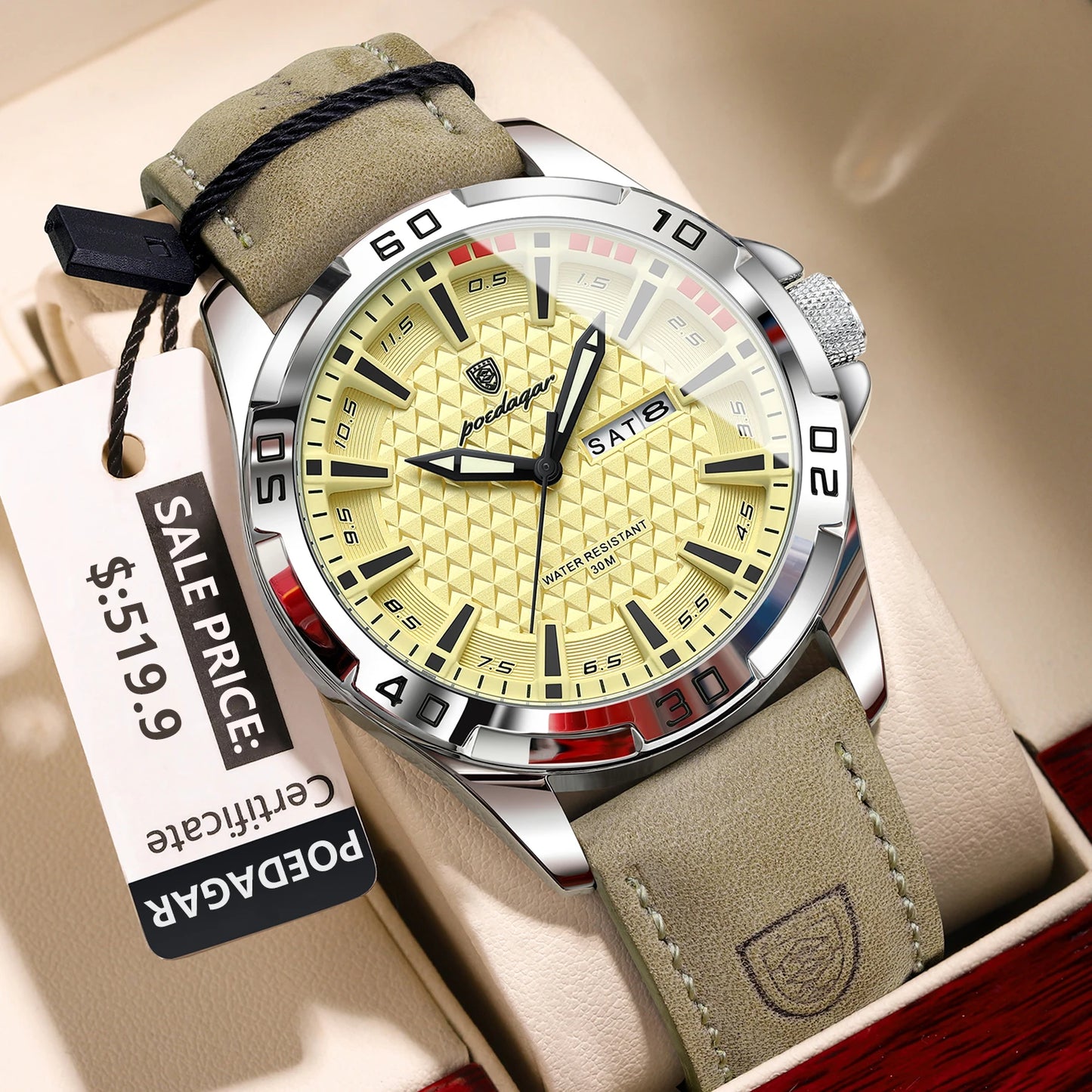 Luxury Quartz Watch – Waterproof, Luminous Dial, Date Display, Leather Strap