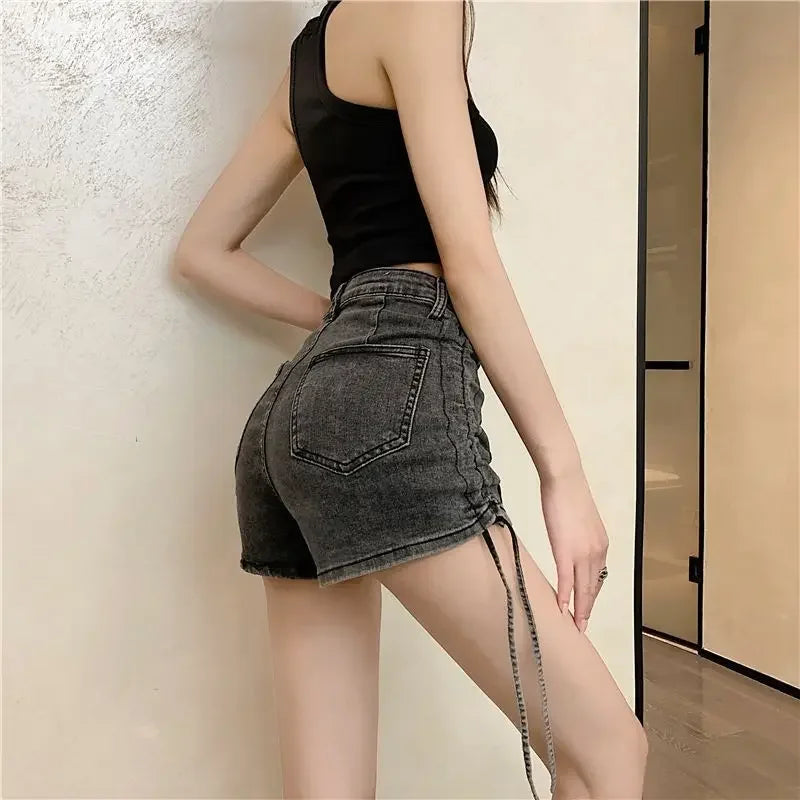 Strappy Harajuku Denim Shorts — Stretchy Outdoor Style (XL)