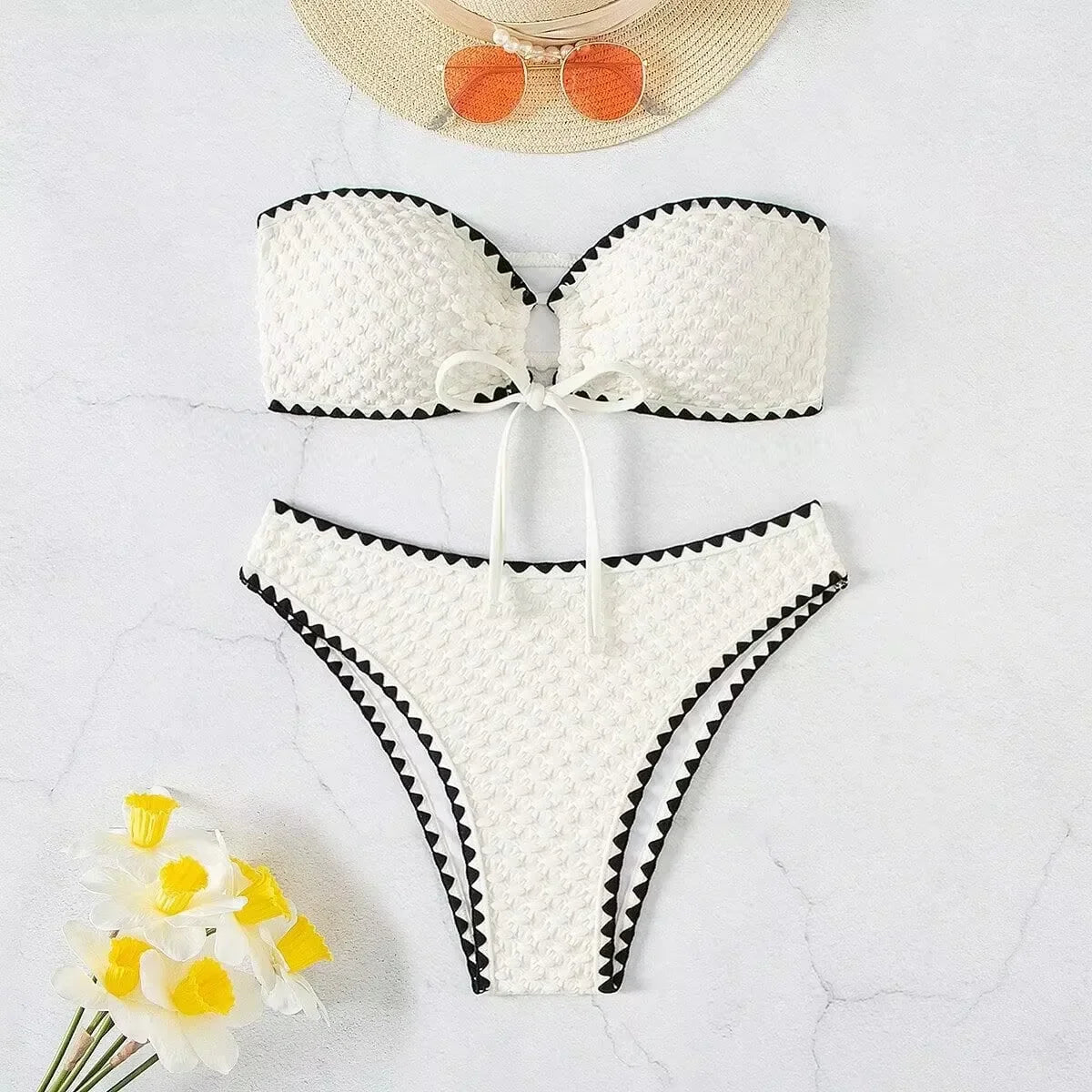 Strapless Patchwork Bikini Set – Lace-Up Detail