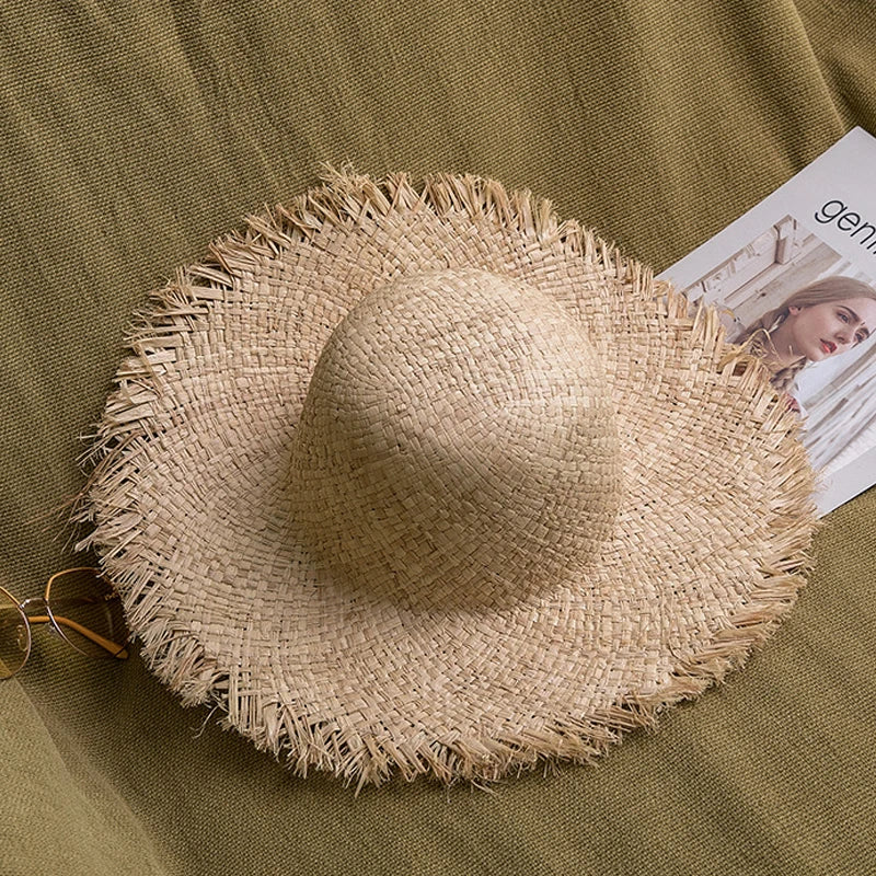 Natural Raffia Wide Brim Hat | Handwoven Straw – Travel & Beach Sun Protection
