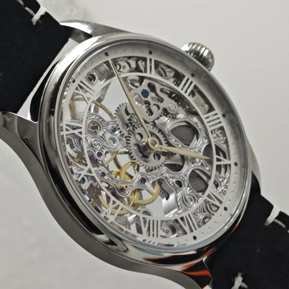 Custom Pilot Watch – 44mm Skeleton Movement, Hollow Mechanical Design