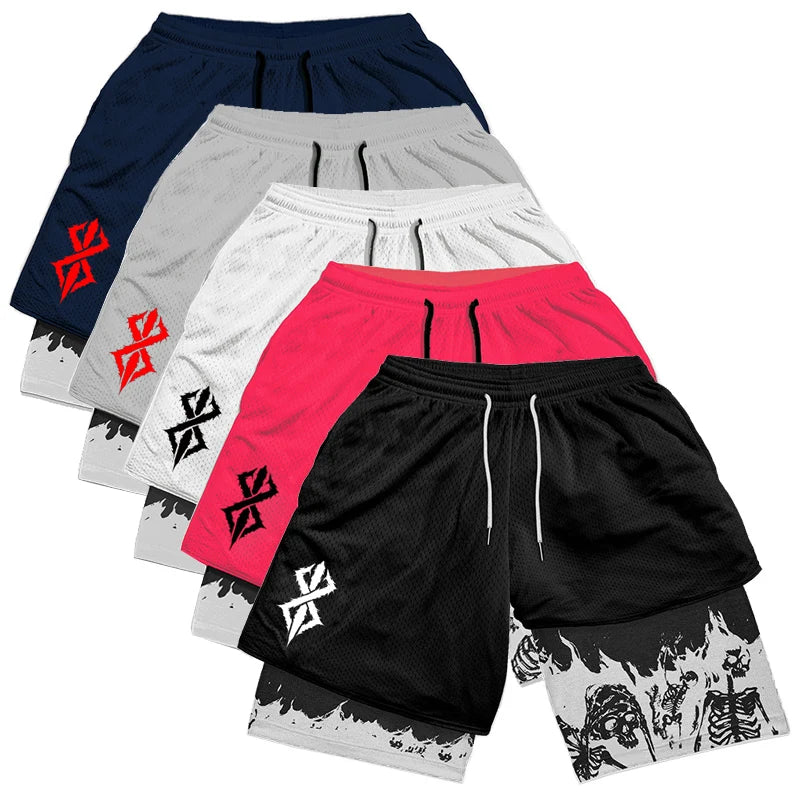 Berserk Skull Print 2-in-1 Running Shorts – Stretch, Quick Dry with Pockets