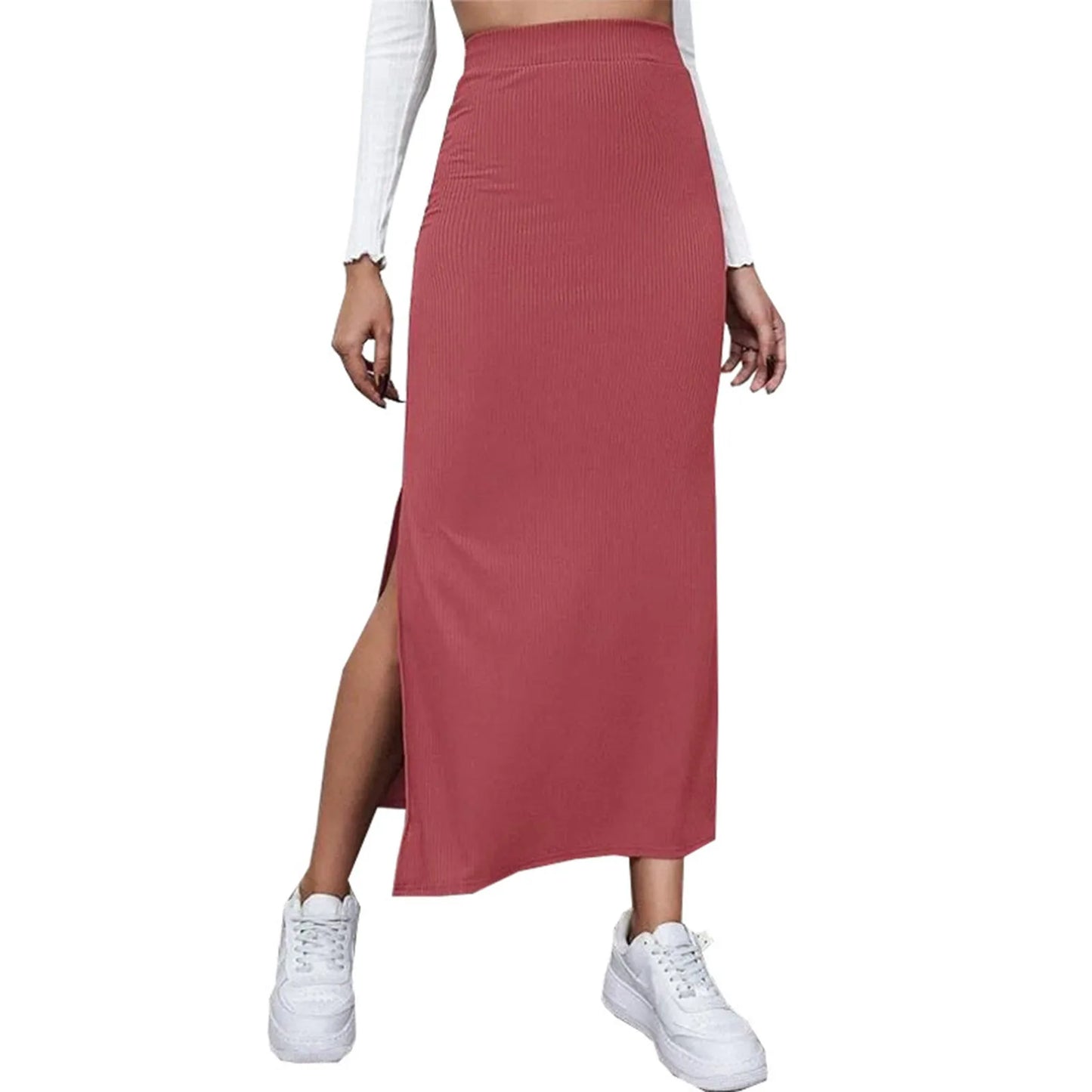 Satin Midi Skirt with Slit — Slim Fit Office Wear
