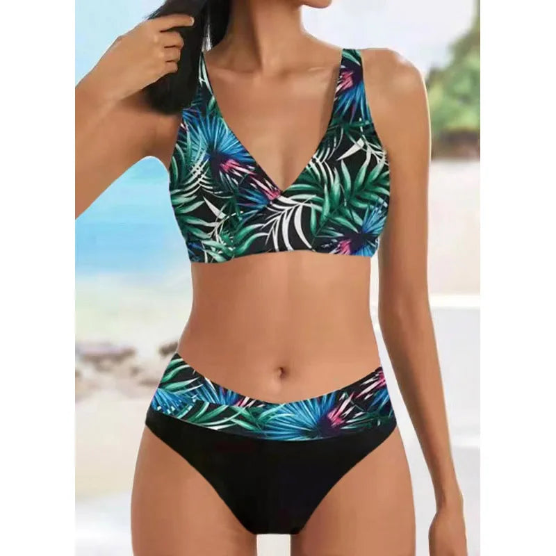 Floral V-Neck Tankini with High-Waisted Bottoms