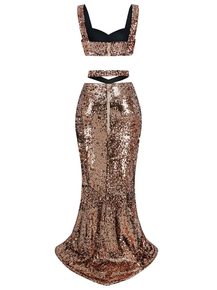 Brown Glitter Maxi Skirt Set