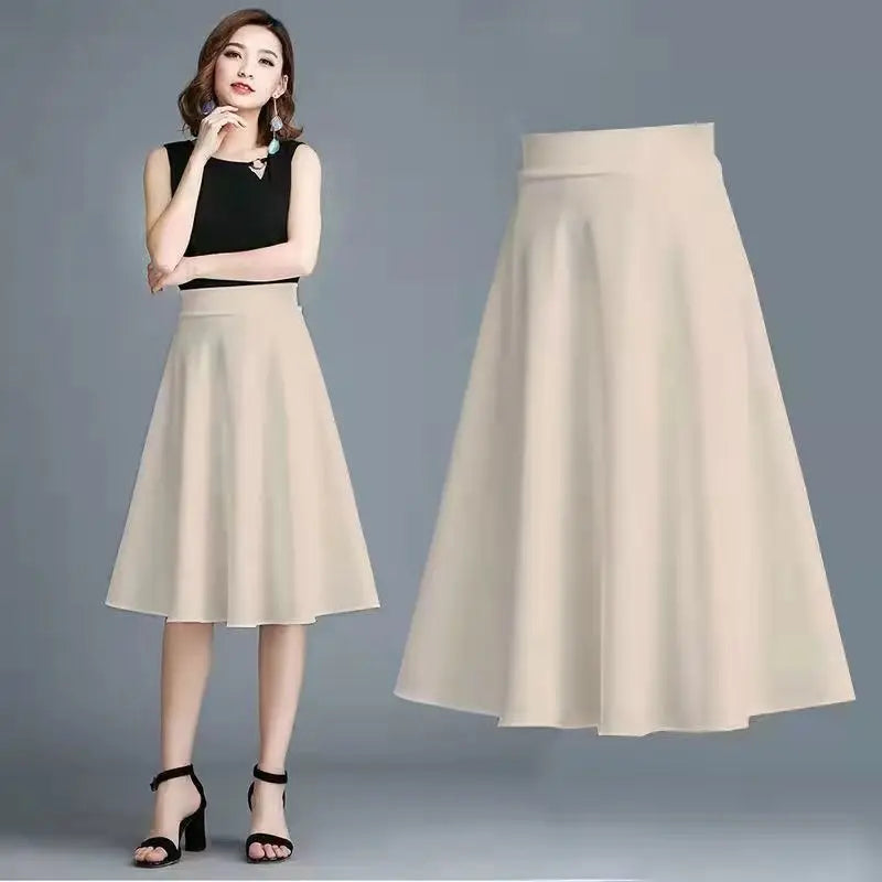 Solid Color Elastic A-Line Midi Skirt — Office Versatile