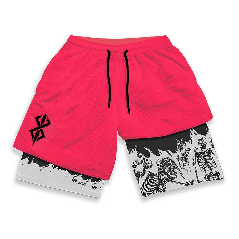 Berserk Skull Print 2-in-1 Running Shorts – Stretch, Quick Dry with Pockets