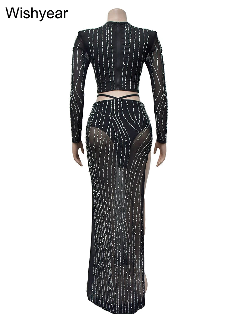 Mesh Crystal Top & Skirt Set