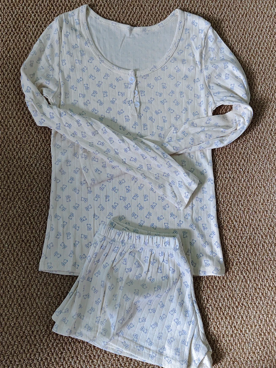 Eyelet Button Long Sleeve T-shirt & Shorts Set – Cotton Pajama