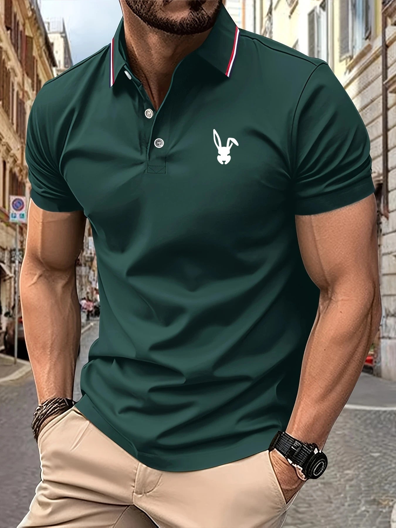 Signature Rabbit Logo Polo – Elegant Striped Lapel, Lightweight Fabric