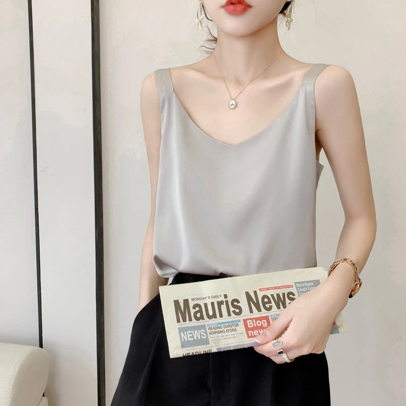 Silk Satin V-Neck Camisole — Loose Thin Vest