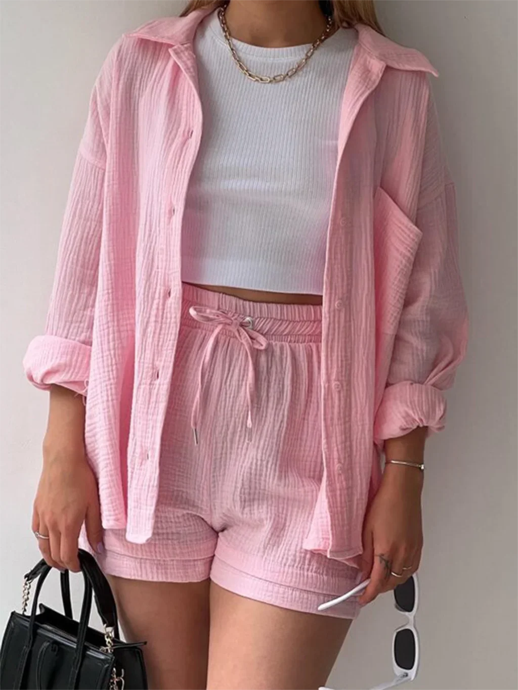 Long Sleeve Button Casual Pleated Two Piece Set – Fashion Solid Color