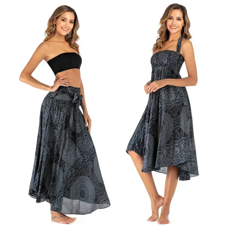 Black Patchwork Bandage Skirt — Ankle-Length