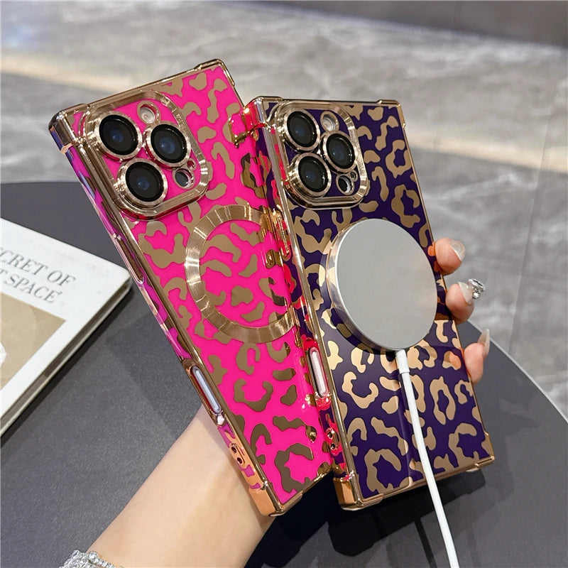 MagSafe Leopard Print Case – iPhone 13 to 16 Pro Max | Magnetic Frame + Luxury Finish