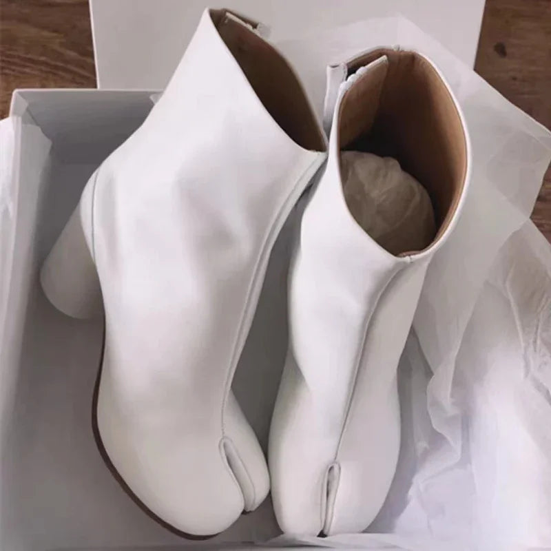TabiEdge | Split Toe Chunky Heel Leather Boots – Autumn Comfort