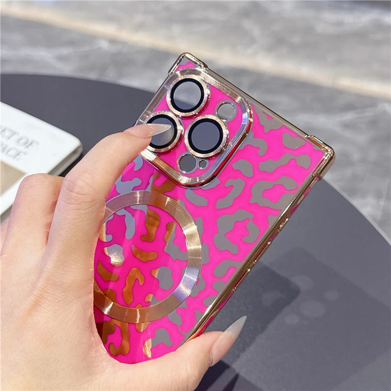 MagSafe Leopard Print Case – iPhone 13 to 16 Pro Max | Magnetic Frame + Luxury Finish